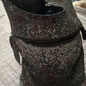 Cofi Genuine Leather Bailey Sling slouchy  crossbody black pewter metallic